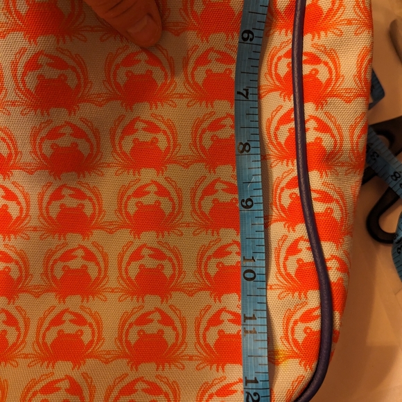 Sarah Watts crabby orange pattern messenger bag with blue leather strap - Picture 14 of 15